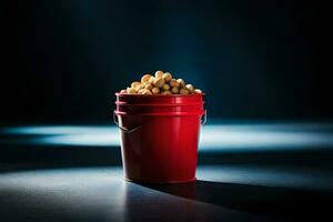 a red bucket filled with peanuts on a dark background. AI-Generated photo