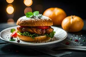 a hamburger with a side of vegetables and a fork. AI-Generated photo