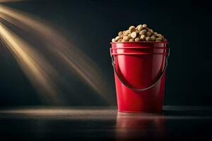 a red bucket filled with peanuts on a dark table. AI-Generated photo