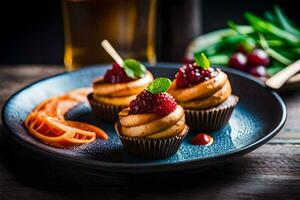 three cupcakes with cherries and carrots on a plate. AI-Generated photo