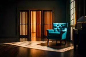 a blue chair in a dark room with a light shining through the window. AI-Generated photo