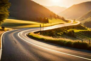 a winding road in the mountains with the sun setting. AI-Generated photo