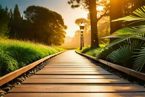 a wooden path leads to a green field with trees. AI-Generated photo