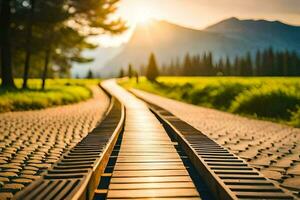 a railroad track leading to a mountain in the background. AI-Generated photo