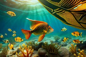 fish swimming in the ocean with coral reefs. AI-Generated photo