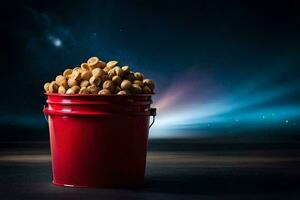a red bucket filled with peanuts on a dark background. AI-Generated photo