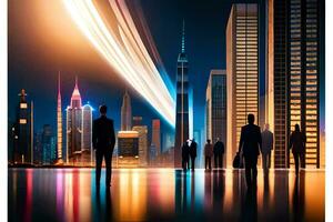 business people walking in front of city skyline at night. AI-Generated photo