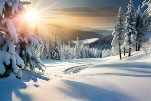 snow covered trees and the sun shining in the background. AI-Generated photo