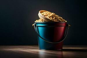 a bucket filled with cereal on a wooden table. AI-Generated photo