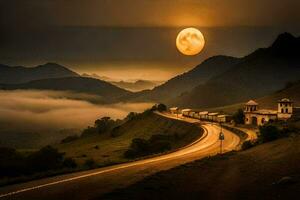 a road with a full moon in the sky. AI-Generated photo