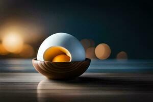 an egg in a wooden bowl on a table. AI-Generated photo