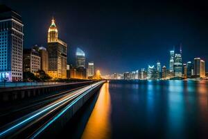 el ciudad horizonte a noche con luces en. generado por ai foto