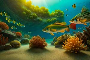 fish swimming in the ocean with coral reefs and other fish. AI-Generated photo