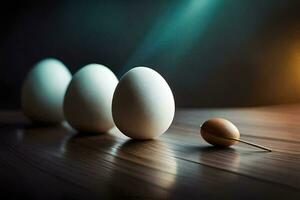 un grupo de huevos y un alfiler en un mesa. generado por ai foto