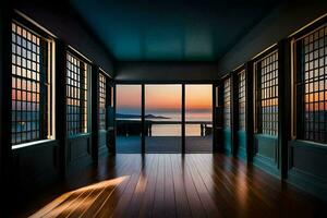 a room with wooden floors and windows overlooking the ocean. AI-Generated photo