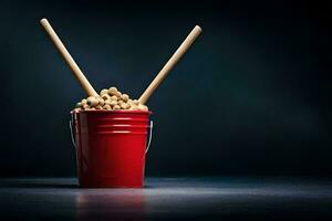 a red bucket filled with peanuts and two sticks. AI-Generated photo