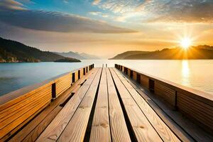 a wooden pier stretching out into the water at sunset. AI-Generated photo