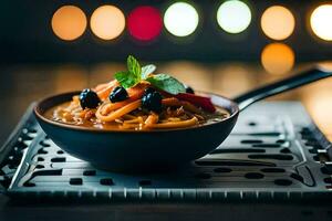 a bowl of pasta with vegetables and herbs. AI-Generated photo