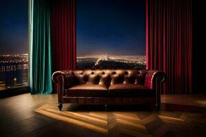 a leather couch in front of a window with a view of the city. AI-Generated photo
