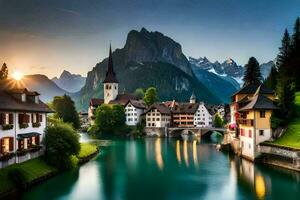 the sun sets over a river and a town in switzerland. AI-Generated photo