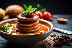 a bowl of soup with a stack of pancakes and a strawberry. AI-Generated photo