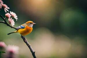 a small bird is sitting on a branch with flowers. AI-Generated photo