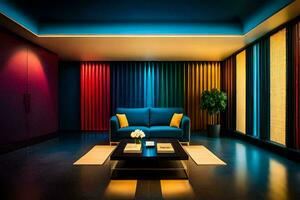 a living room with colorful walls and a blue couch. AI-Generated photo