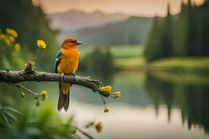 a colorful bird sits on a branch near a lake. AI-Generated photo