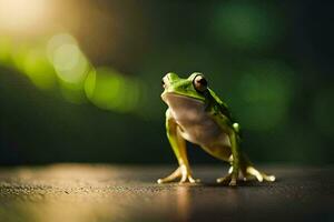 a frog is standing on a wooden surface. AI-Generated photo