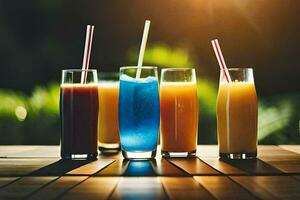 five different colored drinks in glasses on a table. AI-Generated photo