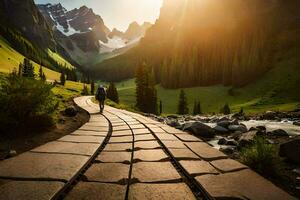 un hombre camina abajo un camino en el montañas. generado por ai foto