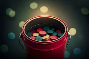 a red bucket filled with colored coins. AI-Generated photo