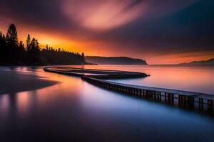 a long exposure photograph of a dock on the shore of a lake. AI-Generated photo