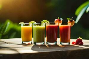 five different juices are sitting on a table. AI-Generated photo