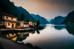 a house sits on the shore of a lake at sunset. AI-Generated photo