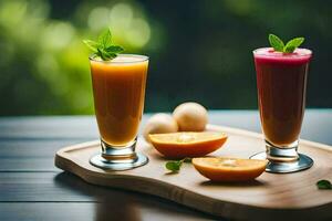 two glasses of juice with fruit on a wooden tray. AI-Generated photo