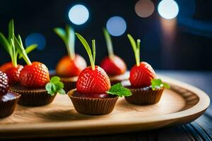 chocolate cupcakes with strawberries on a wooden tray. AI-Generated photo