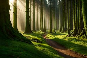 un camino mediante un bosque con arboles y césped. generado por ai foto