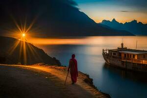 un hombre en un rojo túnica camina a lo largo el apuntalar a puesta de sol. generado por ai foto