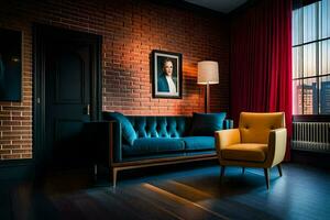a living room with a brick wall and a blue couch. AI-Generated photo