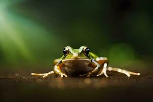 un rana es sentado en el suelo en frente de un verde antecedentes. generado por ai foto