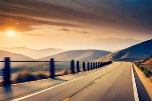 a road with a fence and mountains in the background. AI-Generated photo