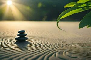 a stack of rocks sitting on the sand with the sun shining. AI-Generated photo