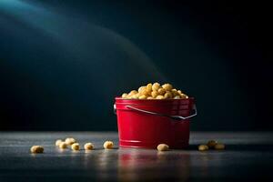 a bucket filled with peanuts on a dark table. AI-Generated photo