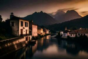 photo wallpaper the sky, mountains, river, houses, the dark, the mountains, the river. AI-Generated