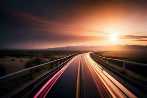 a long exposure photograph of a highway at sunset. AI-Generated photo