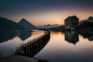 a wooden pier leads to a lake and mountains at sunset. AI-Generated photo