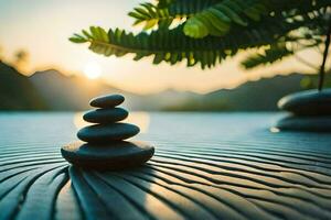 zen stones stacked on a wooden table with a sunset in the background. AI-Generated photo
