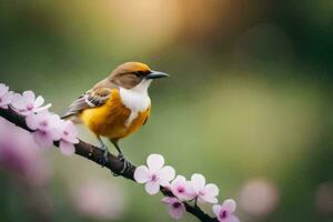 a bird sits on a branch with pink flowers. AI-Generated photo