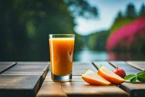 a glass of orange juice on a table next to a lake. AI-Generated photo